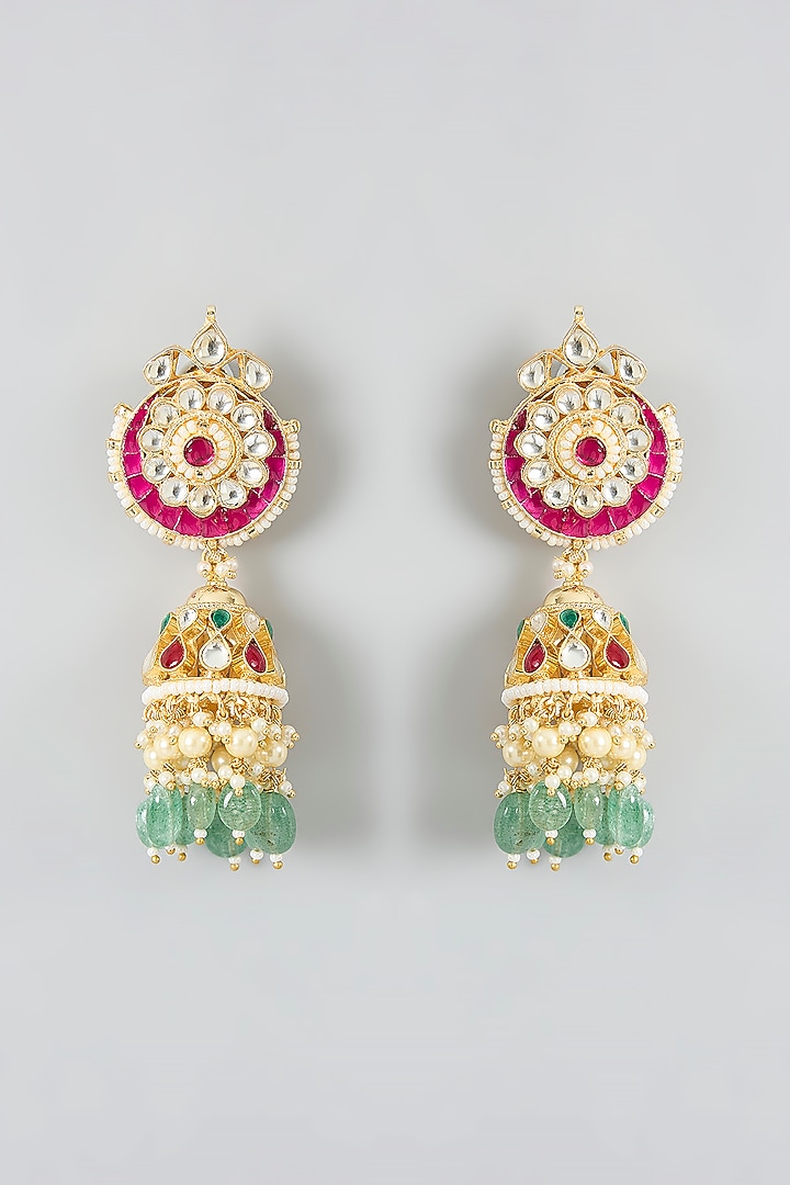 Gold Finish Pink Stone Jhumka Earrings by Vivinia By Vidhi Mehra at Pernia's Pop Up Shop