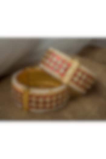 Gold Finish Red Kundan Polki Bangles (Set Of 2) by Vivinia By Vidhi Mehra at Pernia's Pop Up Shop
