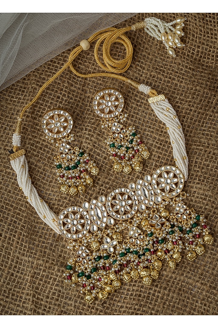 Gold Finish Kundan Polki & Pearl Choker Necklace Set by Vivinia By Vidhi Mehra at Pernia's Pop Up Shop