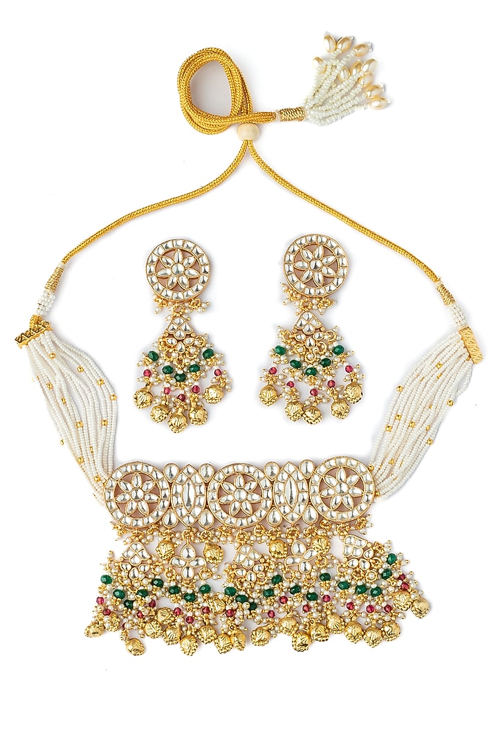 Gold Finish Kundan Polki & Pearl Choker Necklace Set by Vivinia By Vidhi Mehra at Pernia's Pop Up Shop