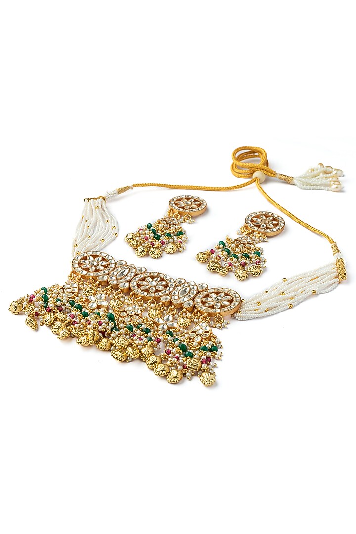 Gold Finish Kundan Polki & Pearl Choker Necklace Set by Vivinia By Vidhi Mehra at Pernia's Pop Up Shop