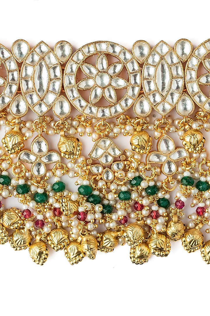 Gold Finish Kundan Polki & Pearl Choker Necklace Set by Vivinia By Vidhi Mehra at Pernia's Pop Up Shop