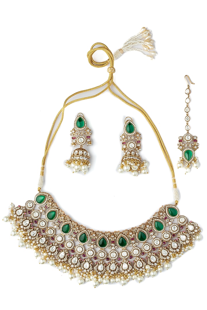 Gold Finish Kundan Polki & Emerald Green Stone Choker Necklace Set by Vivinia By Vidhi Mehra at Pernia's Pop Up Shop