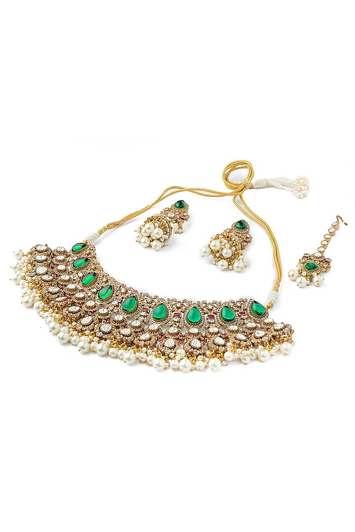 Gold Finish Kundan Polki & Emerald Green Stone Choker Necklace Set by Vivinia By Vidhi Mehra at Pernia's Pop Up Shop