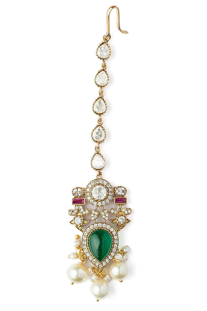 Gold Finish Kundan Polki & Emerald Green Stone Choker Necklace Set by Vivinia By Vidhi Mehra at Pernia's Pop Up Shop