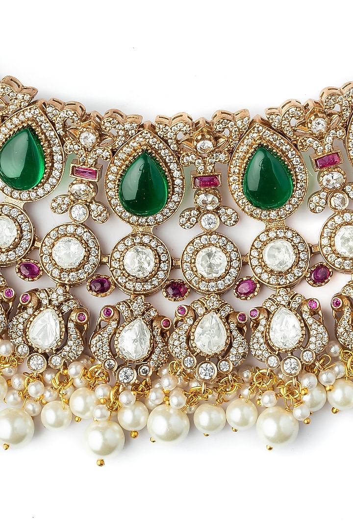 Gold Finish Kundan Polki & Emerald Green Stone Choker Necklace Set by Vivinia By Vidhi Mehra at Pernia's Pop Up Shop