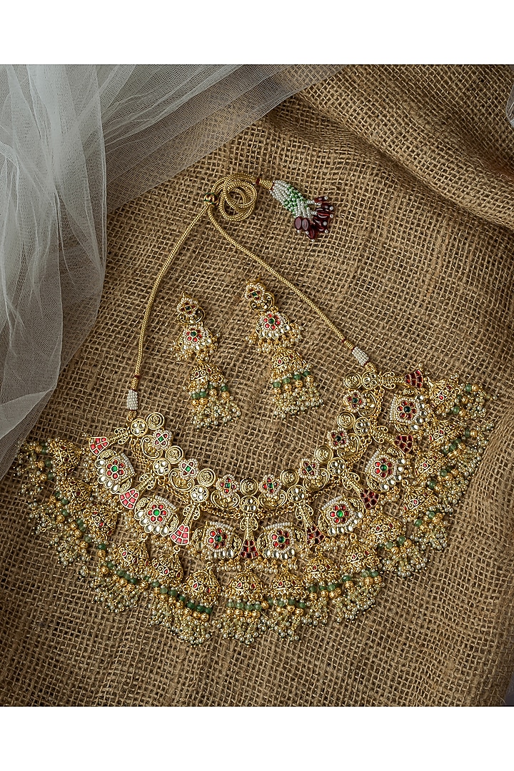 Gold Finish Multi-Colored Kundan Polki Handcrafted Necklace Set by Vivinia By Vidhi Mehra at Pernia's Pop Up Shop