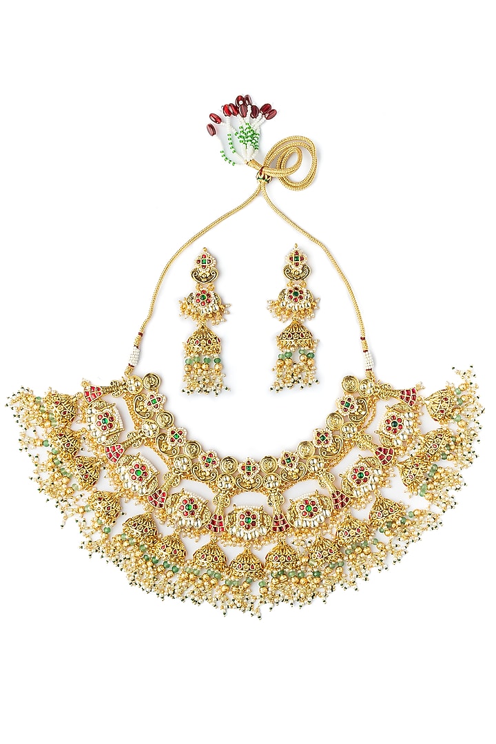 Gold Finish Multi-Colored Kundan Polki Handcrafted Necklace Set by Vivinia By Vidhi Mehra at Pernia's Pop Up Shop
