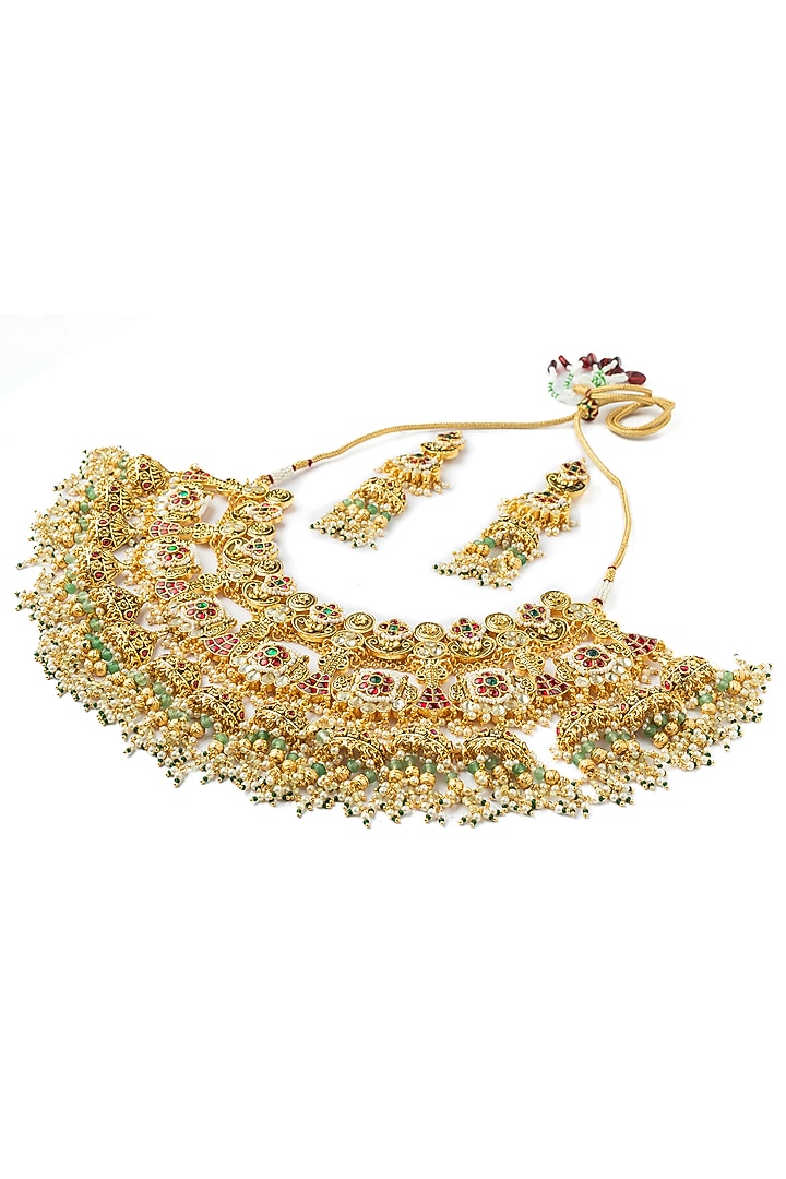 Gold Finish Multi-Colored Kundan Polki Handcrafted Necklace Set by Vivinia By Vidhi Mehra at Pernia's Pop Up Shop