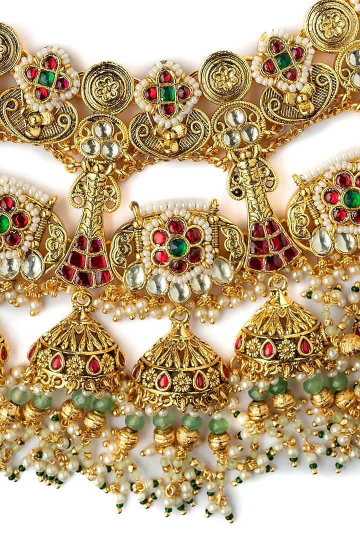 Gold Finish Multi-Colored Kundan Polki Handcrafted Necklace Set by Vivinia By Vidhi Mehra at Pernia's Pop Up Shop
