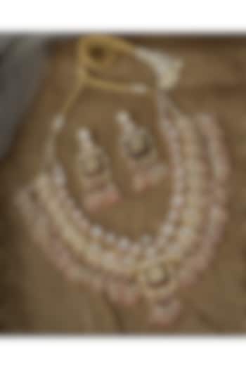 Gold Finish Kundan Polki & Red Gemstone Necklace Set by Vivinia By Vidhi Mehra at Pernia's Pop Up Shop