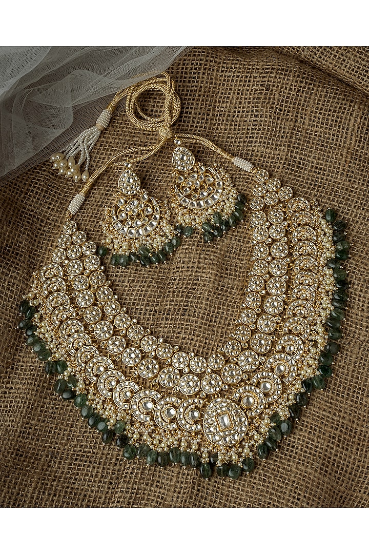 Gold Finish Kundan Polki & Green Beaded Handcrafted Necklace Set by Vivinia By Vidhi Mehra at Pernia's Pop Up Shop