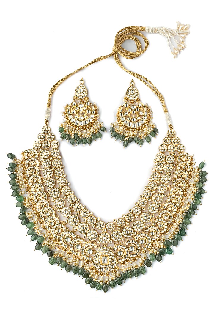 Gold Finish Kundan Polki & Green Beaded Handcrafted Necklace Set by Vivinia By Vidhi Mehra at Pernia's Pop Up Shop