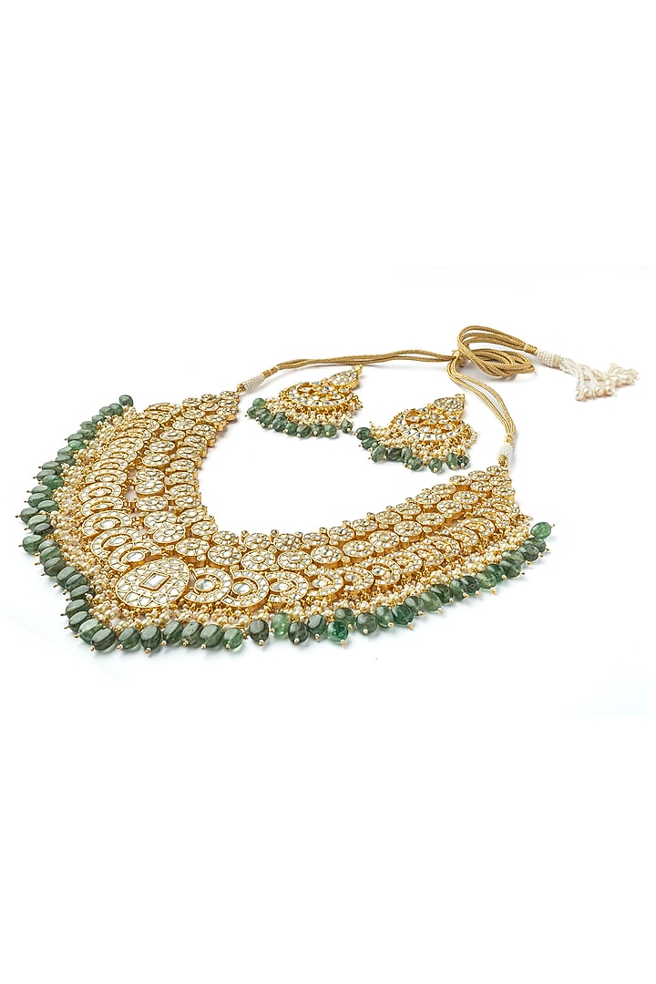 Gold Finish Kundan Polki & Green Beaded Handcrafted Necklace Set by Vivinia By Vidhi Mehra at Pernia's Pop Up Shop