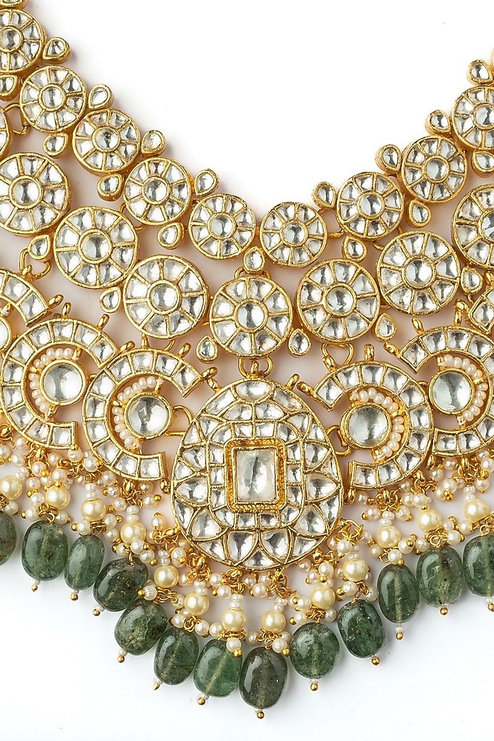 Gold Finish Kundan Polki & Green Beaded Handcrafted Necklace Set by Vivinia By Vidhi Mehra at Pernia's Pop Up Shop