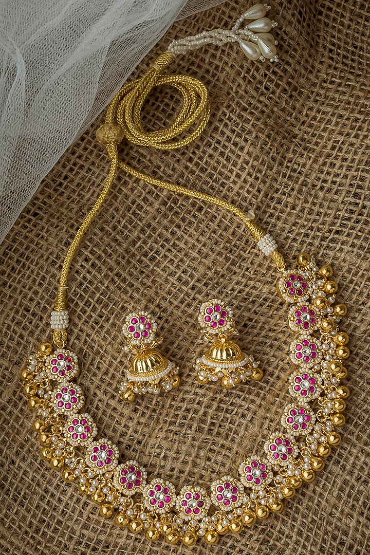 Gold Finish Pink Stone Necklace Set by Vivinia By Vidhi Mehra at Pernia's Pop Up Shop