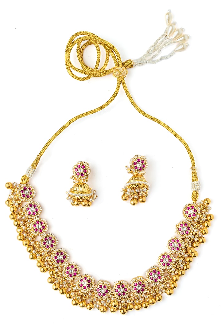 Gold Finish Pink Stone Necklace Set by Vivinia By Vidhi Mehra at Pernia's Pop Up Shop