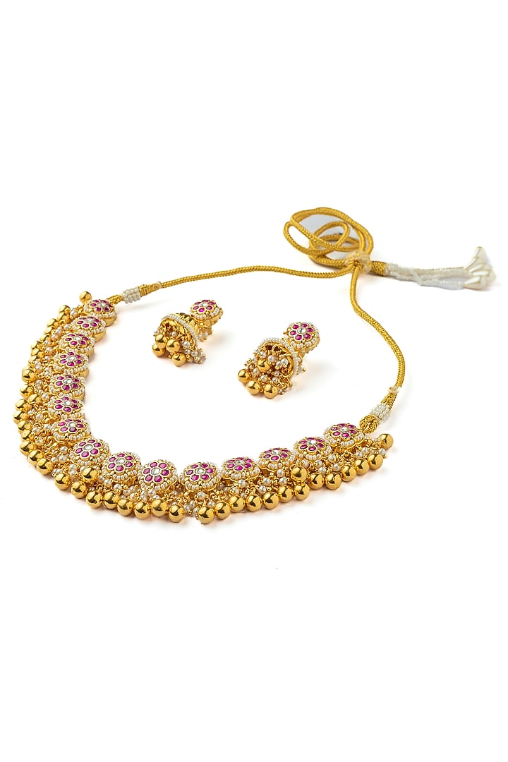 Gold Finish Pink Stone Necklace Set by Vivinia By Vidhi Mehra at Pernia's Pop Up Shop
