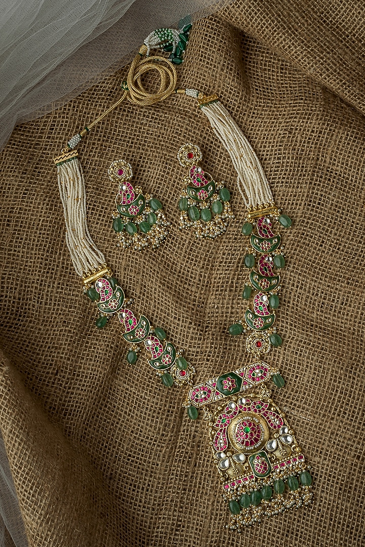 Gold Finish Multi-Colored Kundan Polki Handcrafted Necklace Set by Vivinia By Vidhi Mehra at Pernia's Pop Up Shop