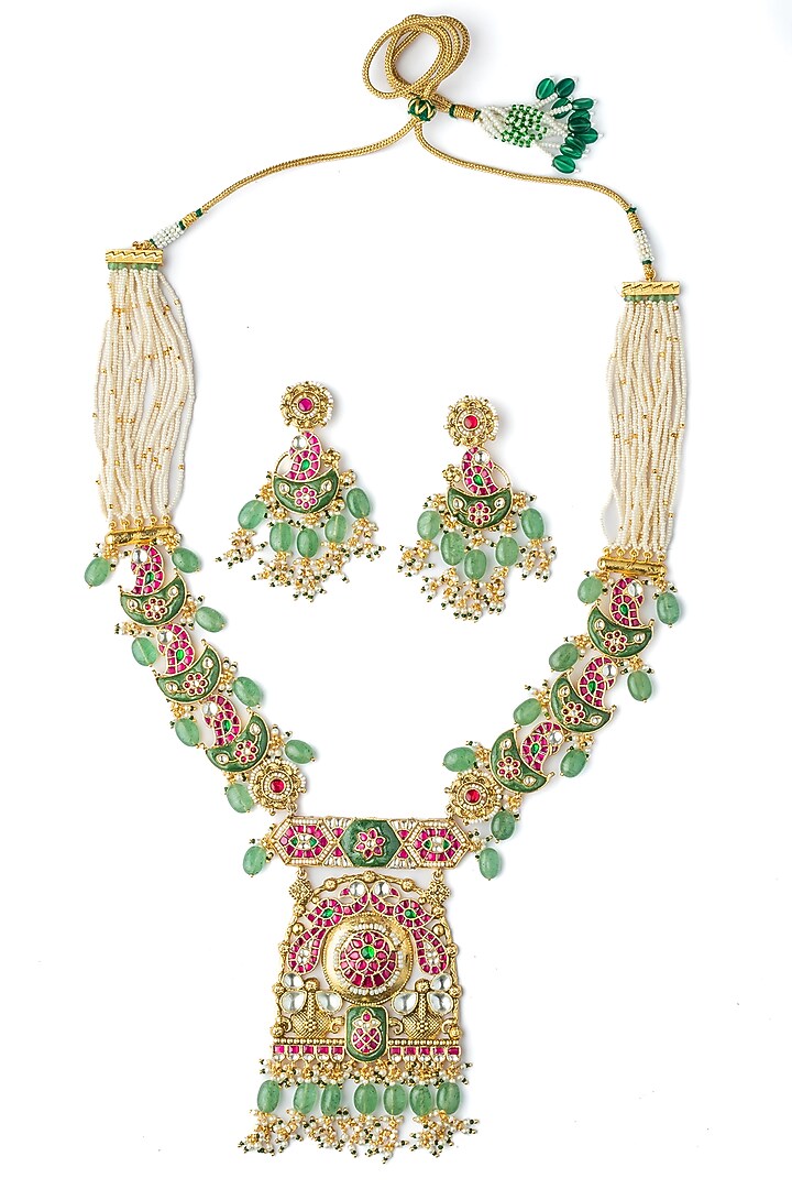 Gold Finish Multi-Colored Kundan Polki Handcrafted Necklace Set by Vivinia By Vidhi Mehra at Pernia's Pop Up Shop