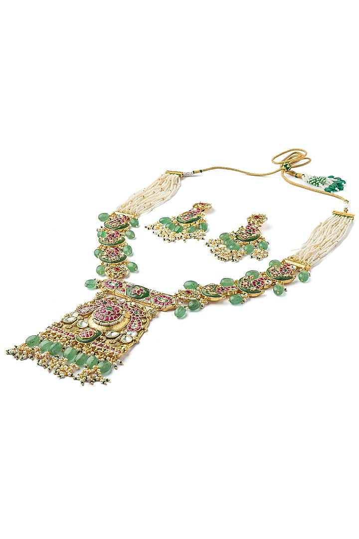 Gold Finish Multi-Colored Kundan Polki Handcrafted Necklace Set by Vivinia By Vidhi Mehra at Pernia's Pop Up Shop