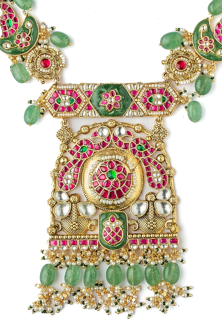 Gold Finish Multi-Colored Kundan Polki Handcrafted Necklace Set by Vivinia By Vidhi Mehra at Pernia's Pop Up Shop