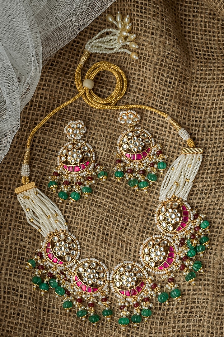 Gold Finish Multi-Colored Kundan Polki Necklace Set by Vivinia By Vidhi Mehra at Pernia's Pop Up Shop