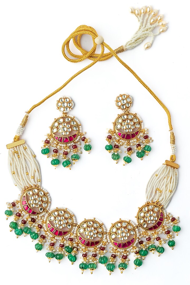 Gold Finish Multi-Colored Kundan Polki Necklace Set by Vivinia By Vidhi Mehra at Pernia's Pop Up Shop