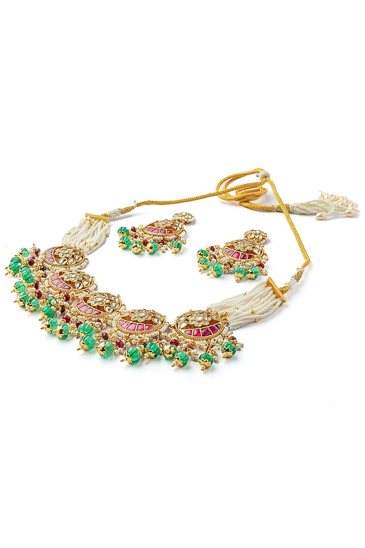 Gold Finish Multi-Colored Kundan Polki Necklace Set by Vivinia By Vidhi Mehra at Pernia's Pop Up Shop