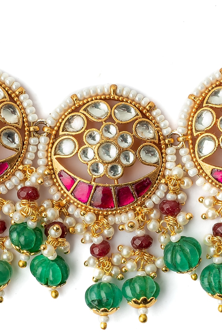 Gold Finish Multi-Colored Kundan Polki Necklace Set by Vivinia By Vidhi Mehra at Pernia's Pop Up Shop
