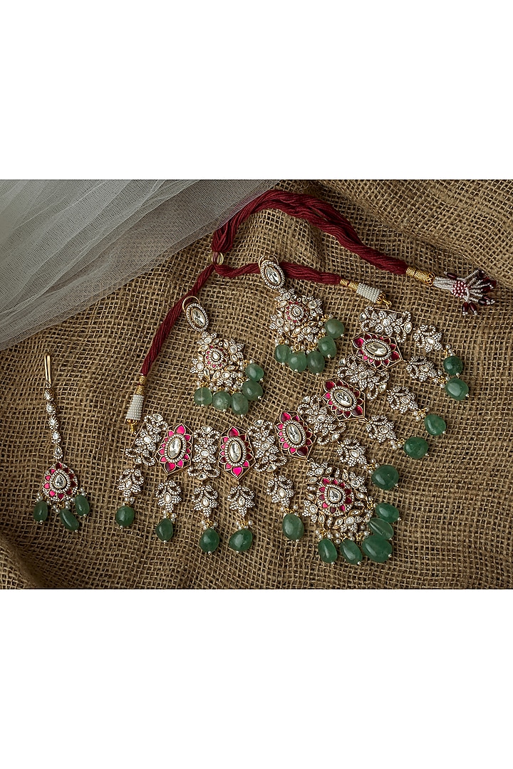 Gold Finish Multi-Colored Kundan Polki Necklace Set by Vivinia By Vidhi Mehra at Pernia's Pop Up Shop