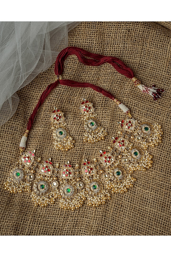 Gold Finish Kundan Polki & Green Gemstone Necklace Set by Vivinia By Vidhi Mehra at Pernia's Pop Up Shop