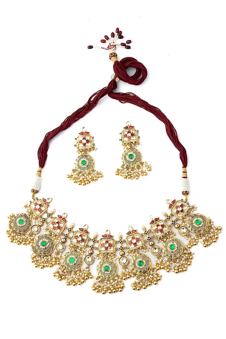 Gold Finish Kundan Polki & Green Gemstone Necklace Set by Vivinia By Vidhi Mehra at Pernia's Pop Up Shop