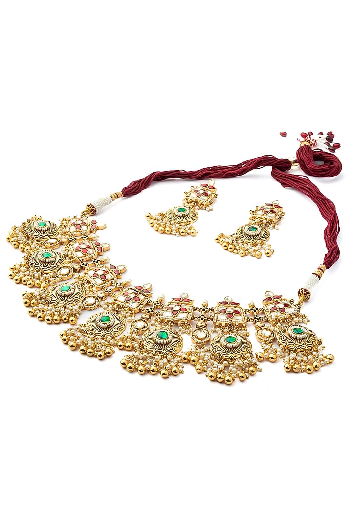 Gold Finish Kundan Polki & Green Gemstone Necklace Set by Vivinia By Vidhi Mehra at Pernia's Pop Up Shop