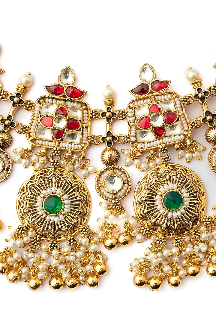 Gold Finish Kundan Polki & Green Gemstone Necklace Set by Vivinia By Vidhi Mehra at Pernia's Pop Up Shop