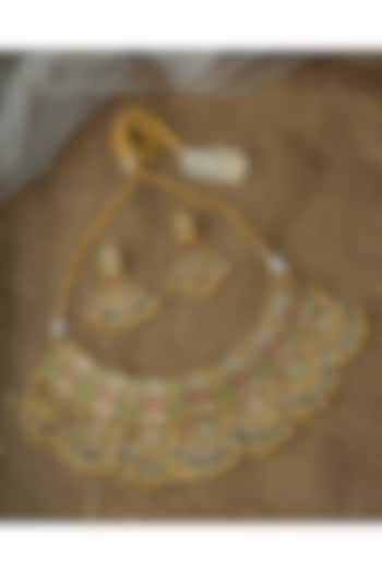 Gold Finish Kundan Polki & Green Gemstone Necklace Set by Vivinia By Vidhi Mehra at Pernia's Pop Up Shop