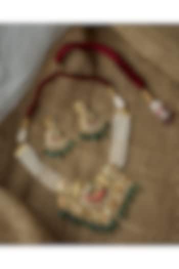 Gold Finish Kundan Polki & Pearl  Necklace Set by Vivinia By Vidhi Mehra at Pernia's Pop Up Shop