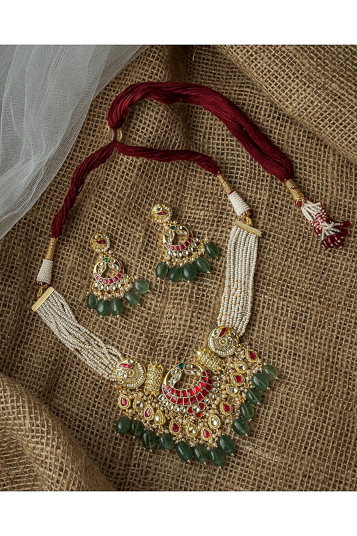 Gold Finish Kundan Polki & Pearl  Necklace Set by Vivinia By Vidhi Mehra at Pernia's Pop Up Shop