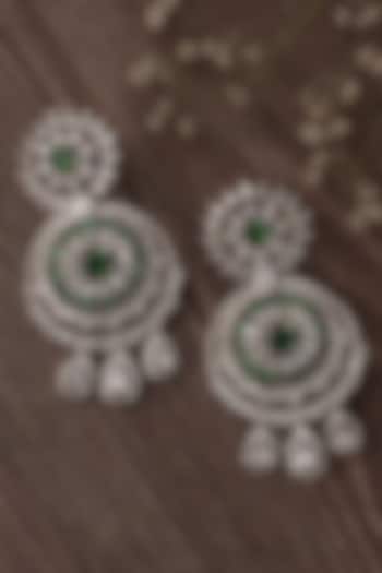 Silver Finish Green & White Stone Chandbali Earrings by Vivinia By Vidhi Mehra at Pernia's Pop Up Shop