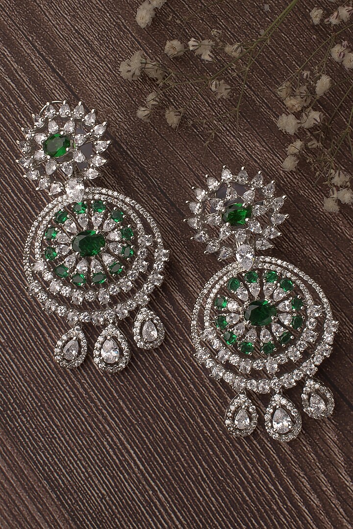Silver Finish Green & White Stone Chandbali Earrings by Vivinia By Vidhi Mehra at Pernia's Pop Up Shop