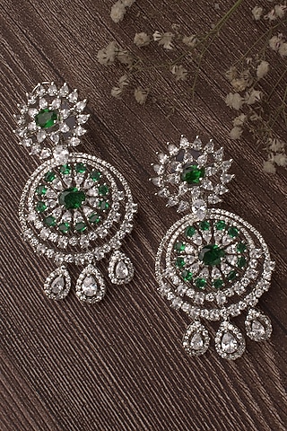 Silver Finish Green & White Stone Chandbali Earrings by Vivinia By Vidhi Mehra