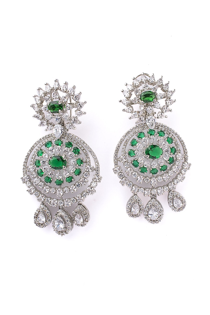 Silver Finish Green & White Stone Chandbali Earrings by Vivinia By Vidhi Mehra at Pernia's Pop Up Shop