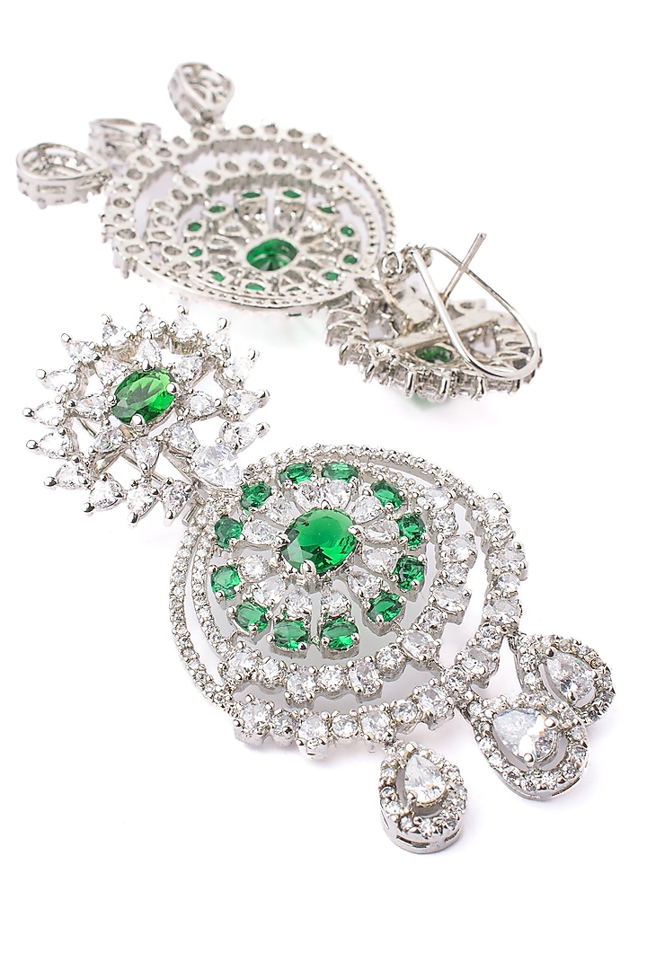 Silver Finish Green & White Stone Chandbali Earrings by Vivinia By Vidhi Mehra at Pernia's Pop Up Shop