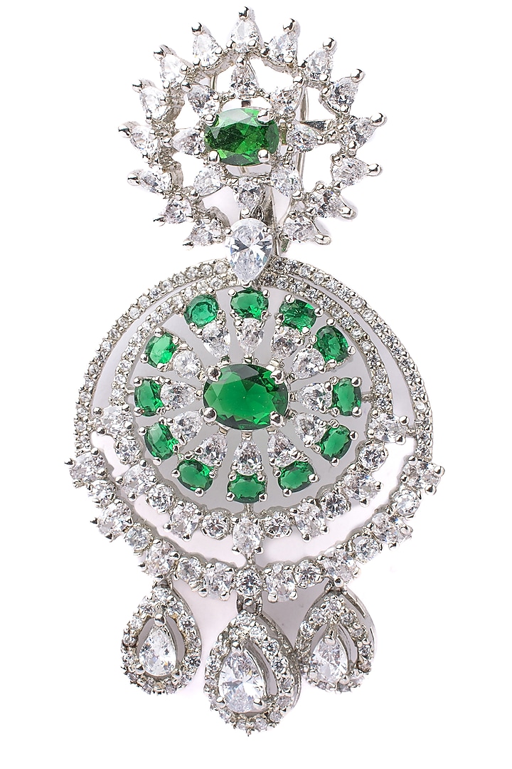 Silver Finish Green & White Stone Chandbali Earrings by Vivinia By Vidhi Mehra at Pernia's Pop Up Shop