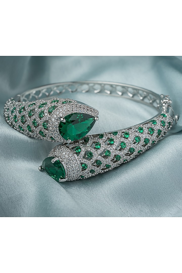 Silver Finish Green Gemstone Openable kada by Vivinia By Vidhi Mehra at Pernia's Pop Up Shop