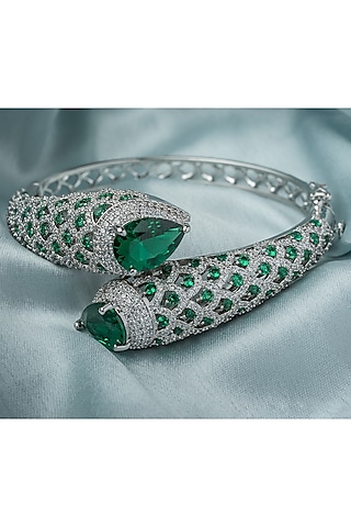 Silver Finish Green Gemstone Openable kada by Vivinia By Vidhi Mehra