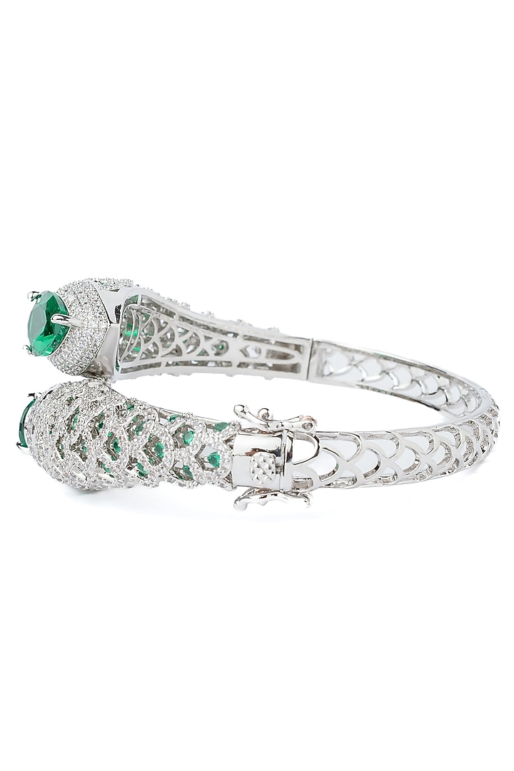 Silver Finish Green Gemstone Openable kada by Vivinia By Vidhi Mehra at Pernia's Pop Up Shop