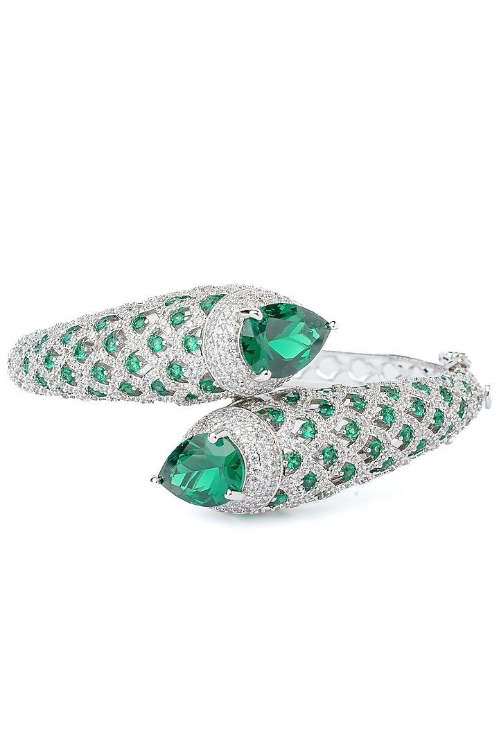 Silver Finish Green Gemstone Openable kada by Vivinia By Vidhi Mehra at Pernia's Pop Up Shop