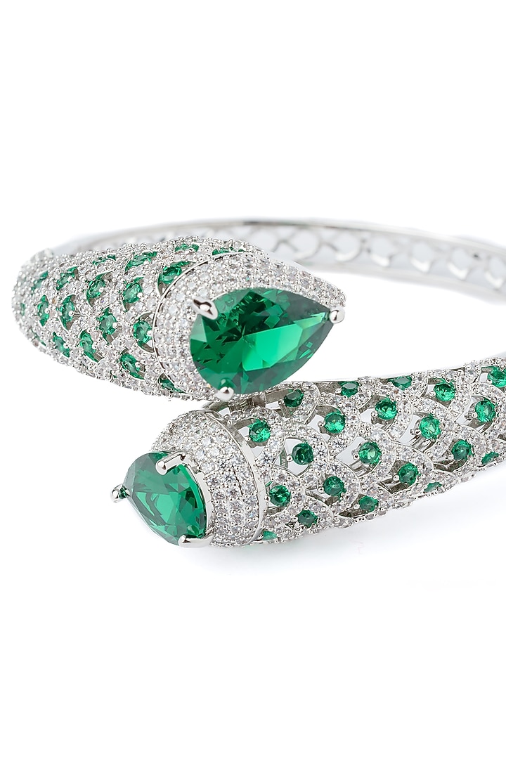 Silver Finish Green Gemstone Openable kada by Vivinia By Vidhi Mehra at Pernia's Pop Up Shop
