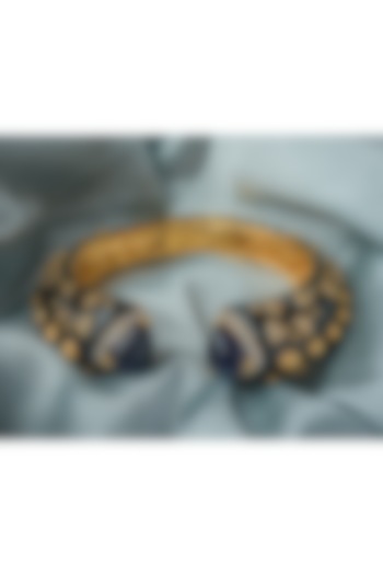 Gold Finish Black Enameled Gemstone Cuff Kada by Vivinia By Vidhi Mehra at Pernia's Pop Up Shop